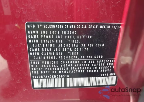 2019 Volkswagen Tiguan 2.0T Se/2.0T Sel/2.0T Sel R-Line/2.0T Sel R-Line Black z USA, uszkodzony, nr VIN 3VV2B7AX7KM056316